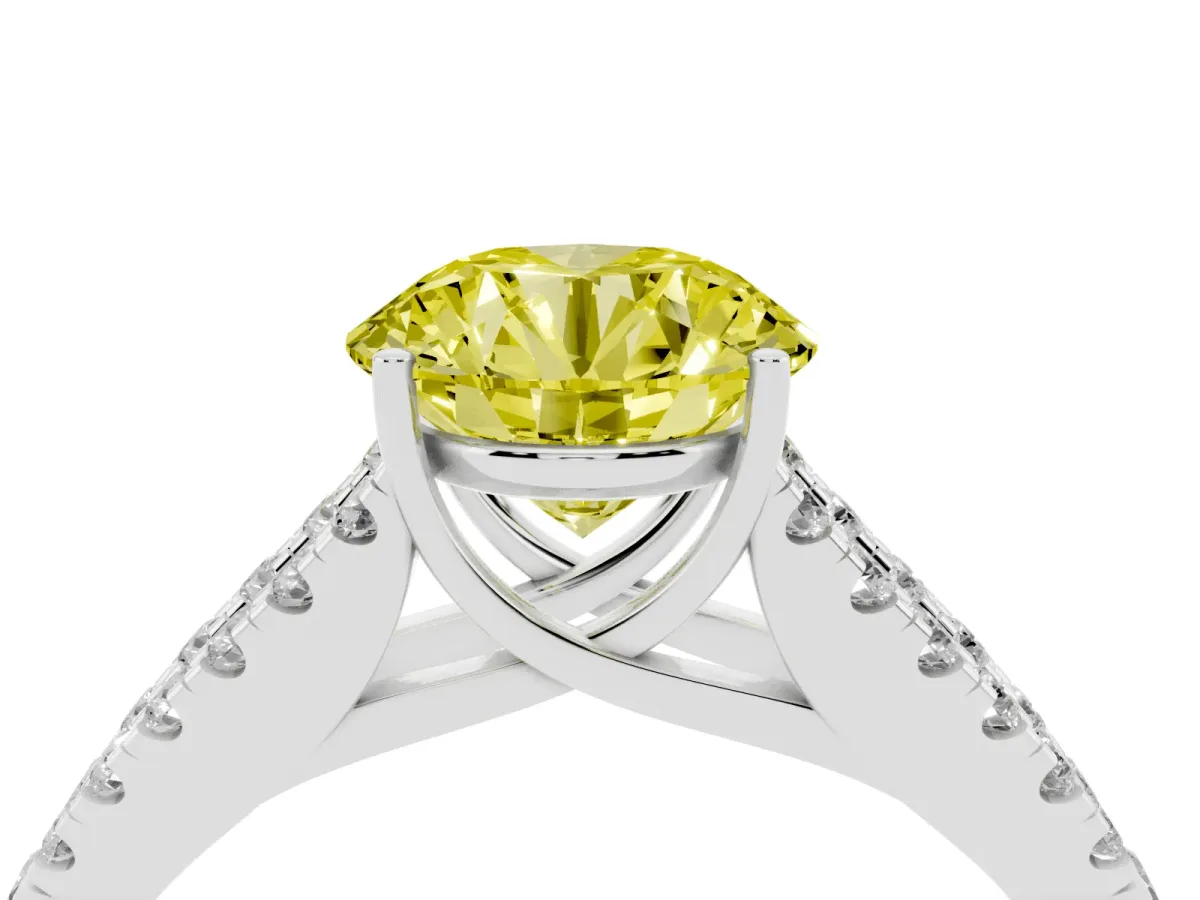 Fancy Yellow Round Cut Diamond Split Shank Engagement Ring with Round Pavé and Prong Setting Platinum