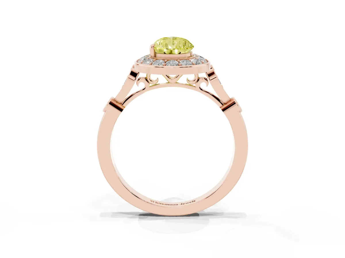 Fancy Yellow Pear Cut Halo Diamond Engagement Ring with Twisted Band and Four-Prong Setting Rose gold