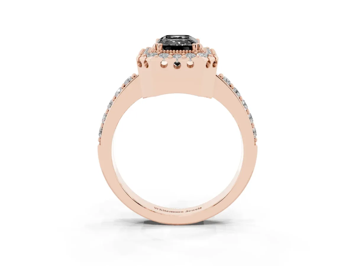 Fancy Black Emerald Cut Diamond Halo Ring with Pavé Band and Prong Setting Rose gold