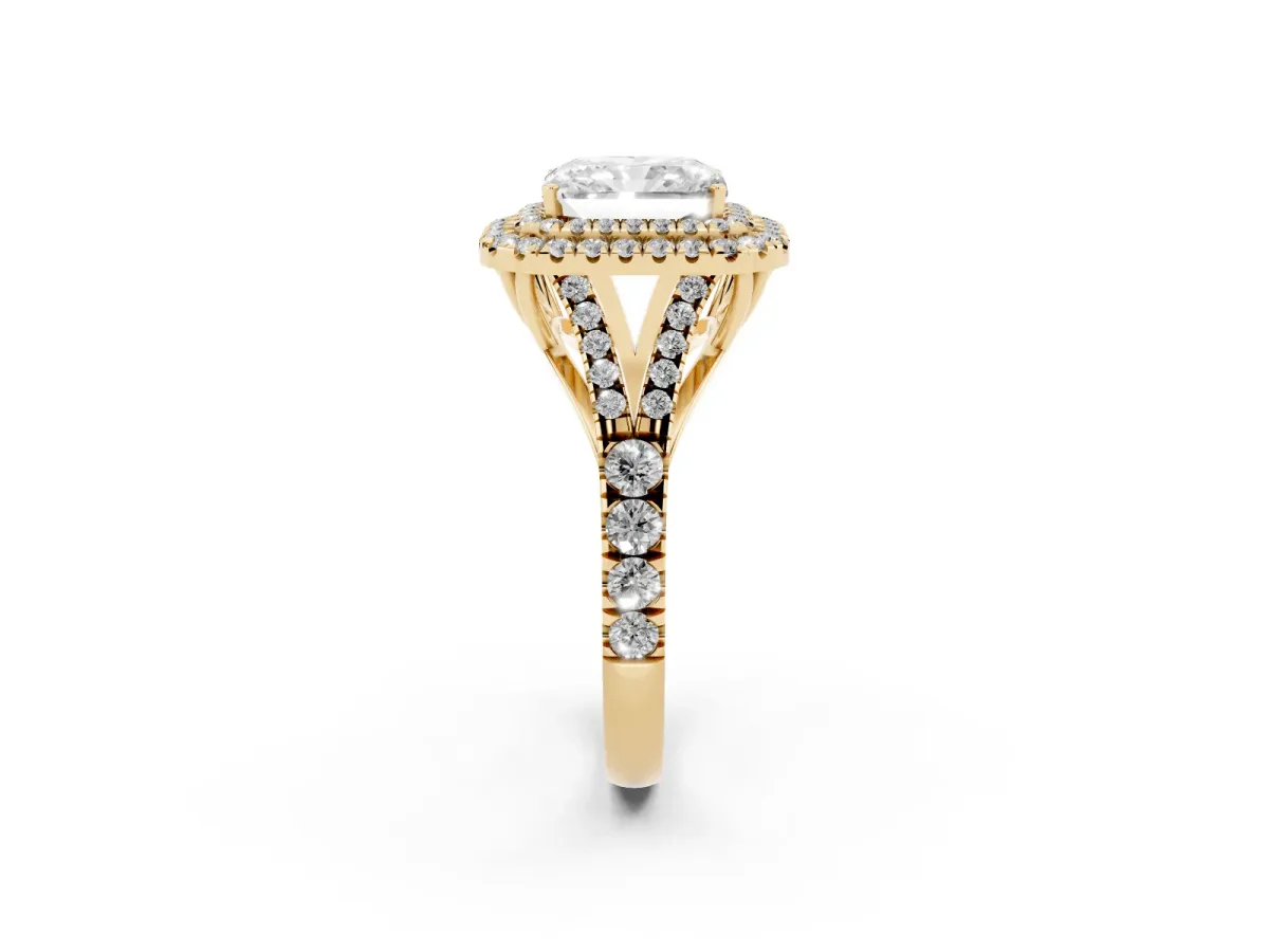 Radiant Cut Diamond Double Halo Ring with Split Shank and Prong Setting Yellow gold