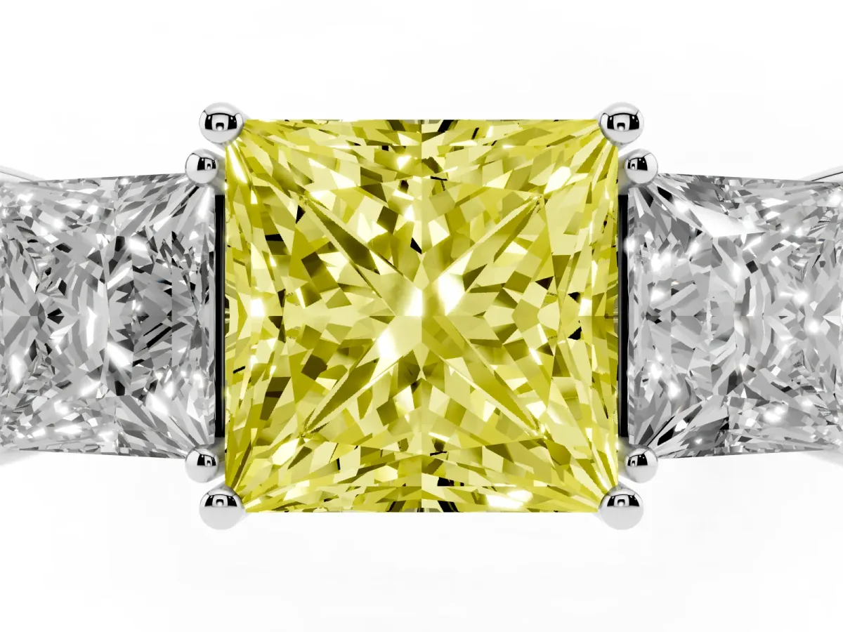 Fancy Yellow Three-Stone Princess Cut Cut Diamond Engagement Ring with Flat Band and Four-Prong Setting Silver