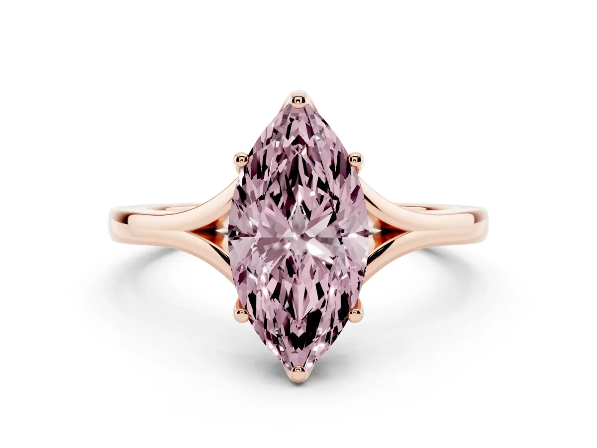 Fancy Pink Marquise Cut Solitaire Diamond Ring with Six-Prong Setting and Tapered Band Rose gold