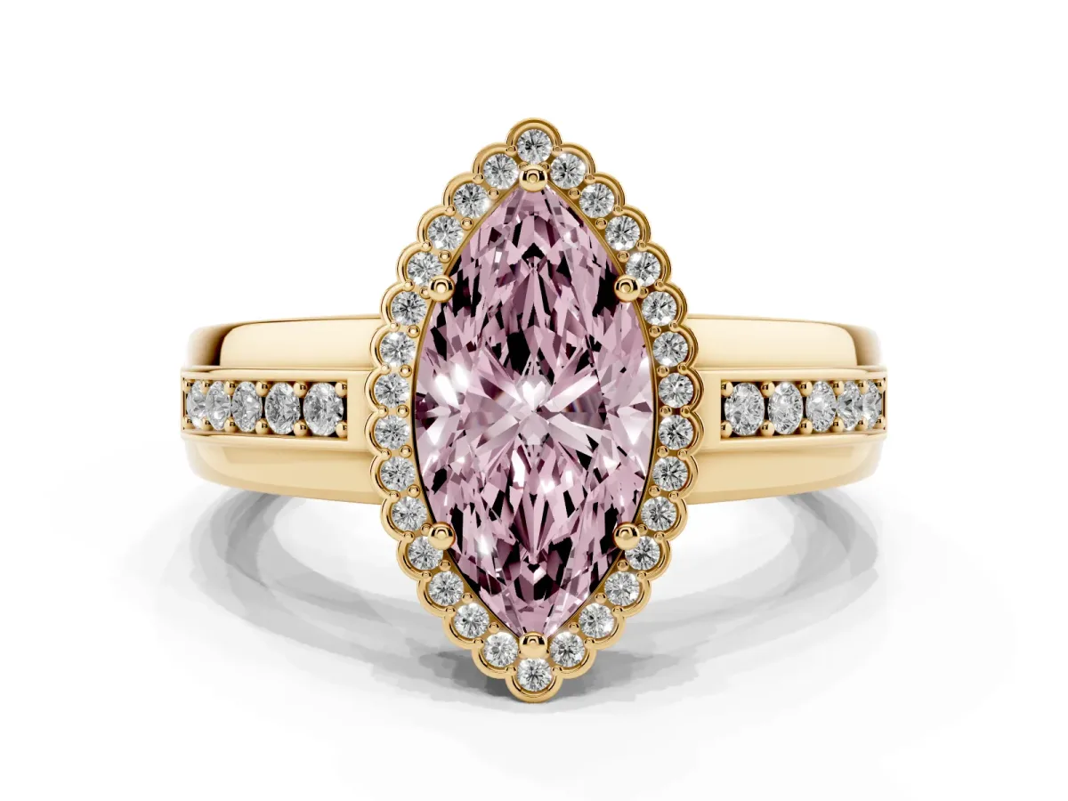 Fancy Pink Marquise Cut Cut Halo Pave Band Four-Prong Ring Yellow gold