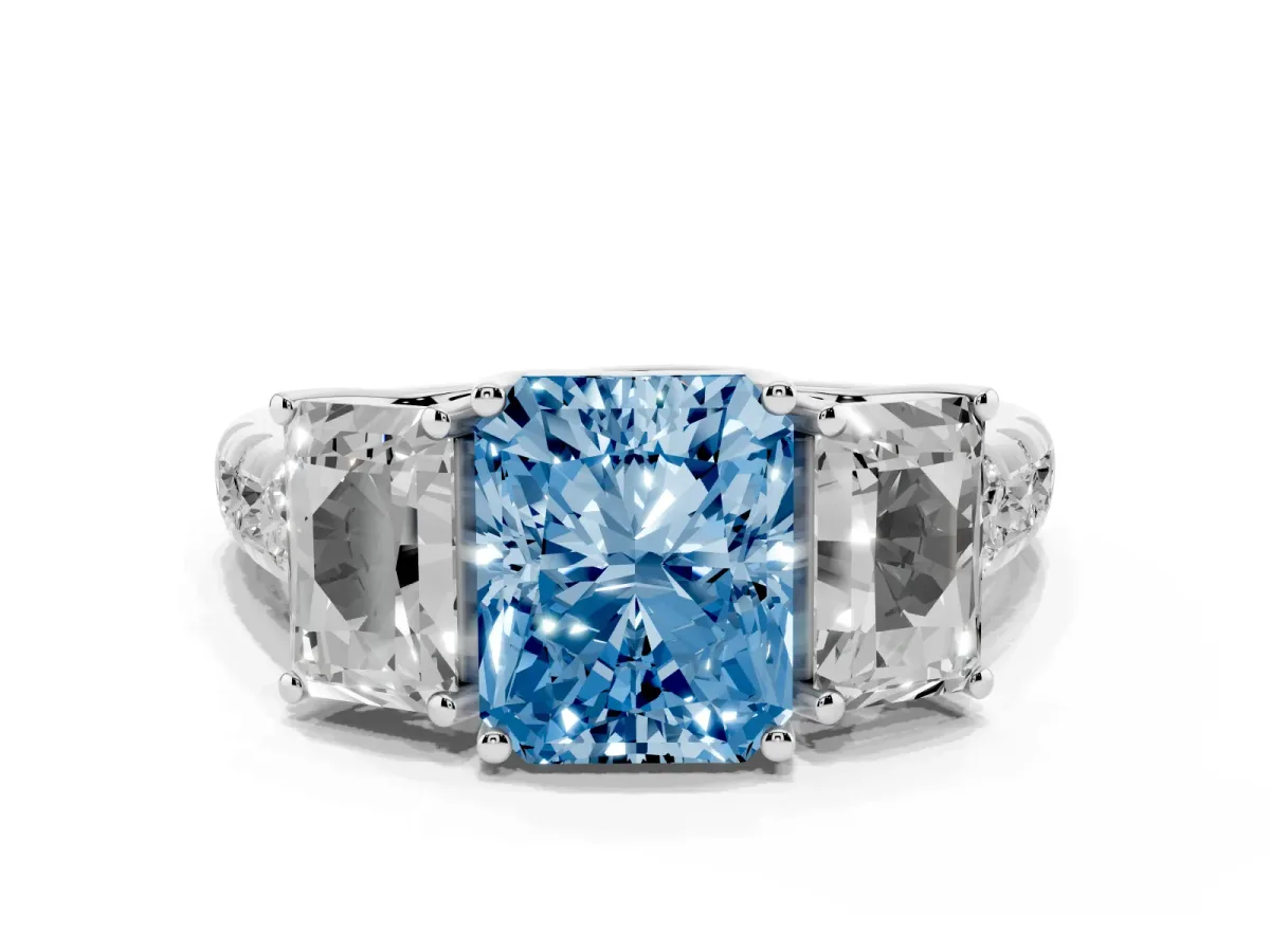 Fancy Blue Three-Stone Radiant Cut Diamond Pavé Band with Prong Setting Silver