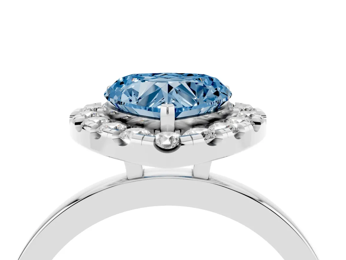 Fancy Blue Heart Cut Halo Diamond Solitaire with Pavé Band and Four-Prong Setting White gold
