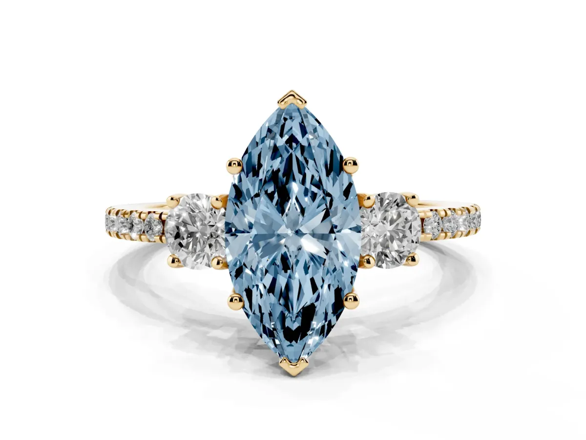 Fancy Blue Three-Stone Marquise Cut Cut Diamond Pavé Band with Prong Setting Yellow gold