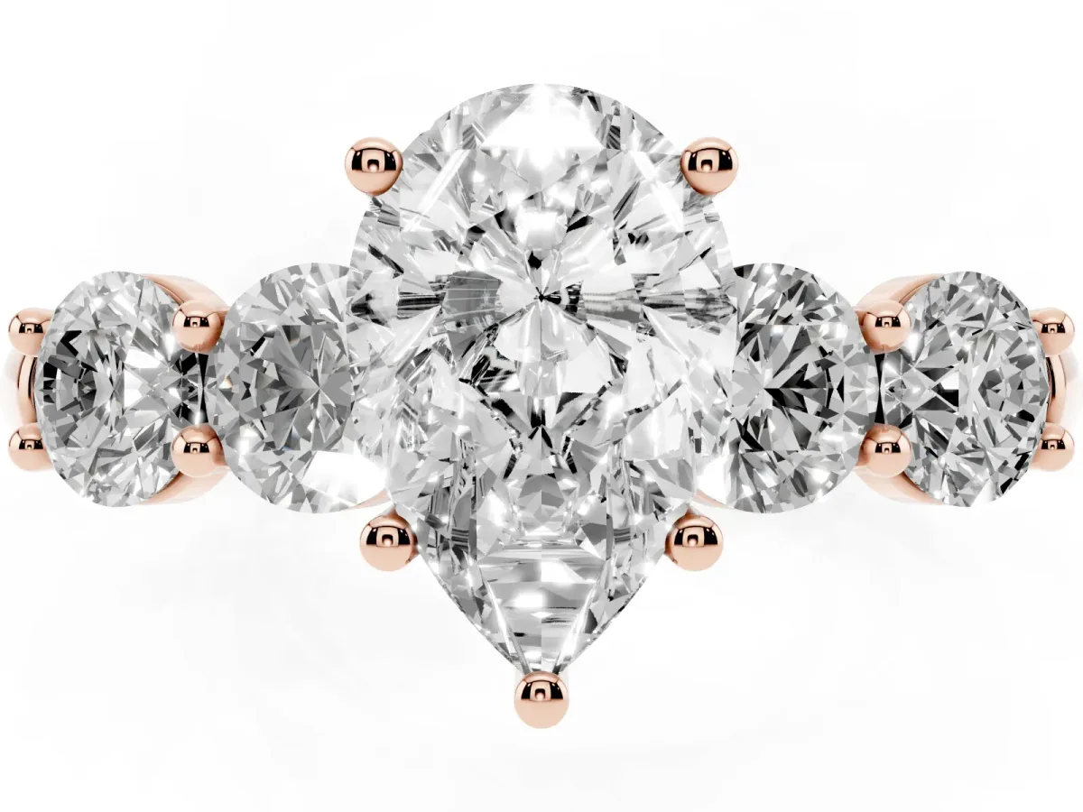 Pear Cut Cut Five-Stone Prong Set Diamond Ring with Classic Band Rose gold