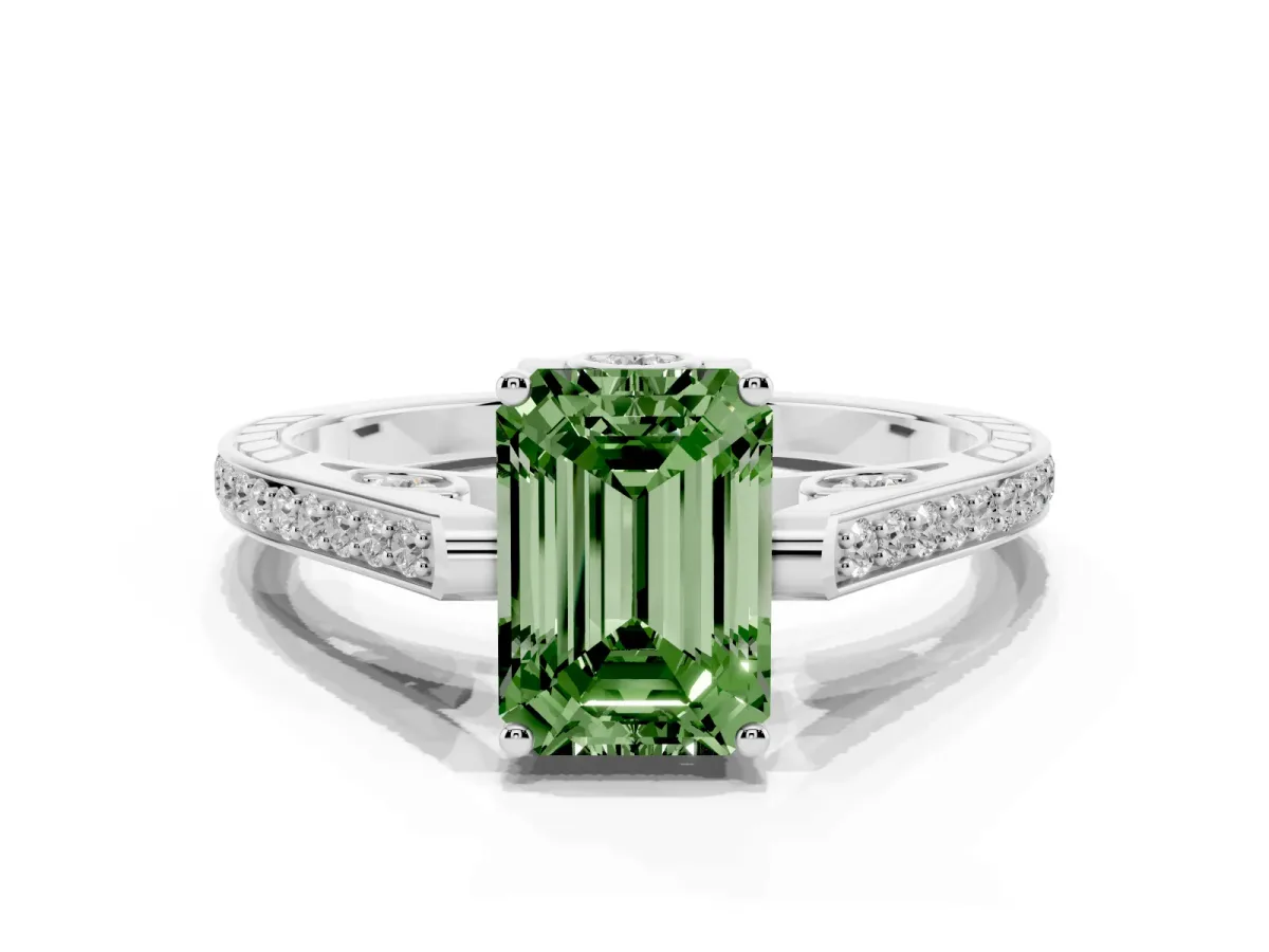 Fancy Green Emerald Cut Cut Cathedral Pave Diamond Engagement Ring with Six-Prong Setting Silver