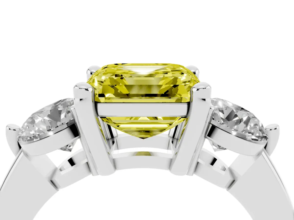Fancy Yellow Three-Stone Asscher Cut Brilliant Cut Solitaire Ring with Prong Setting on a Classic Band White gold
