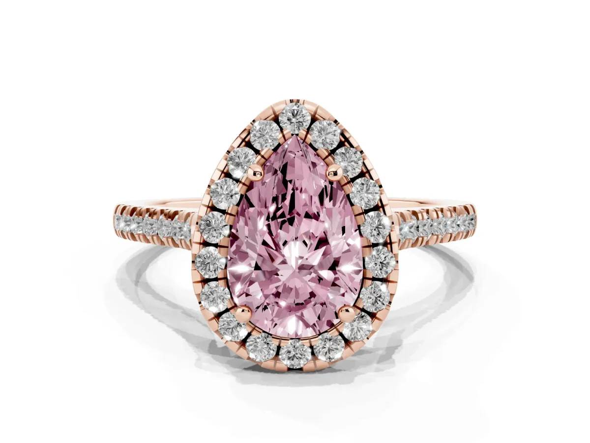 Fancy Pink Pear Cut Diamond Cushion Halo Ring with Pavé Band Rose gold