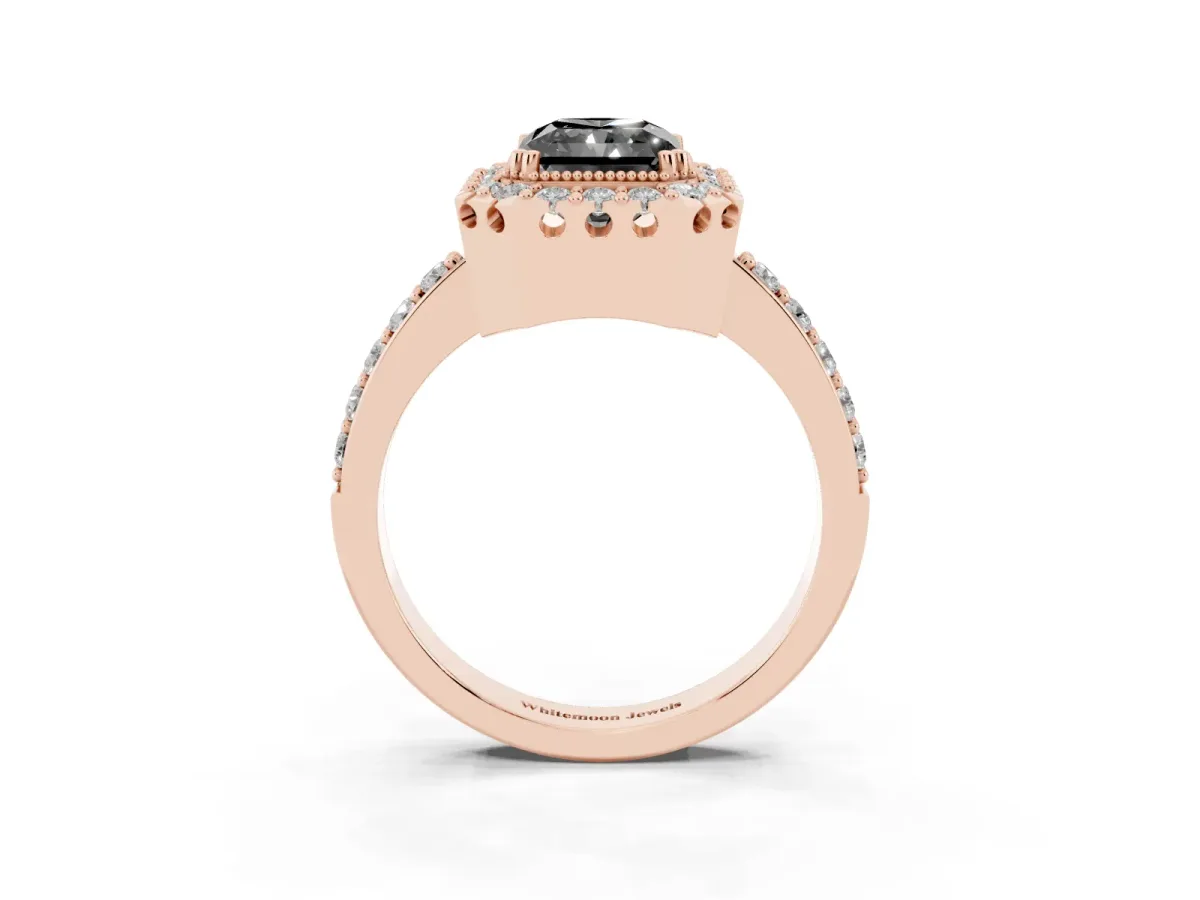 Fancy Black Radiant Cut Diamond Halo Ring with Pavé Band and Prong Setting Rose gold