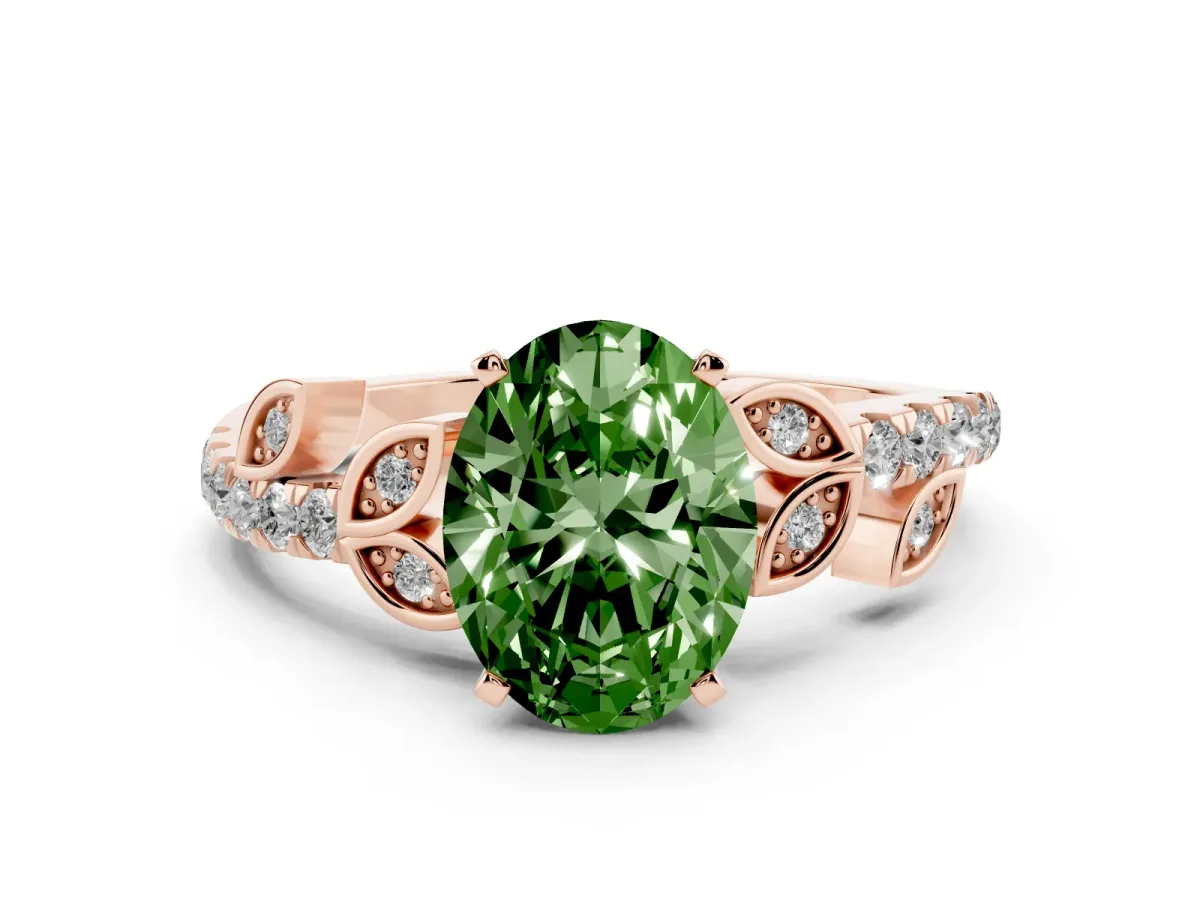 Fancy Green Oval Cut Solitaire Leaf-Inspired Diamond Ring with Pavé Band and Four-Prong Setting Rose gold