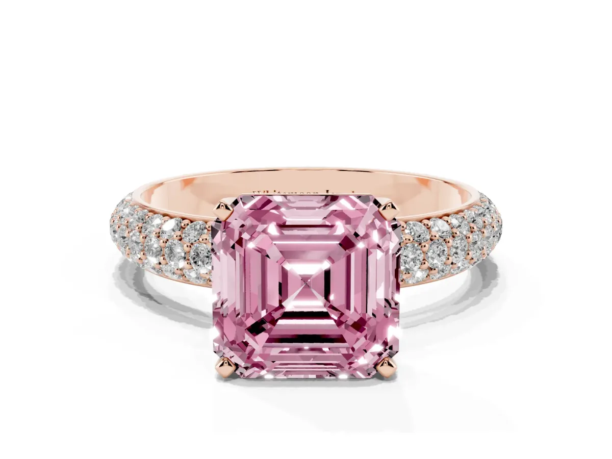 Fancy Pink Asscher Cut Diamond Solitaire Ring with Prong Setting and Pavé Band Rose gold
