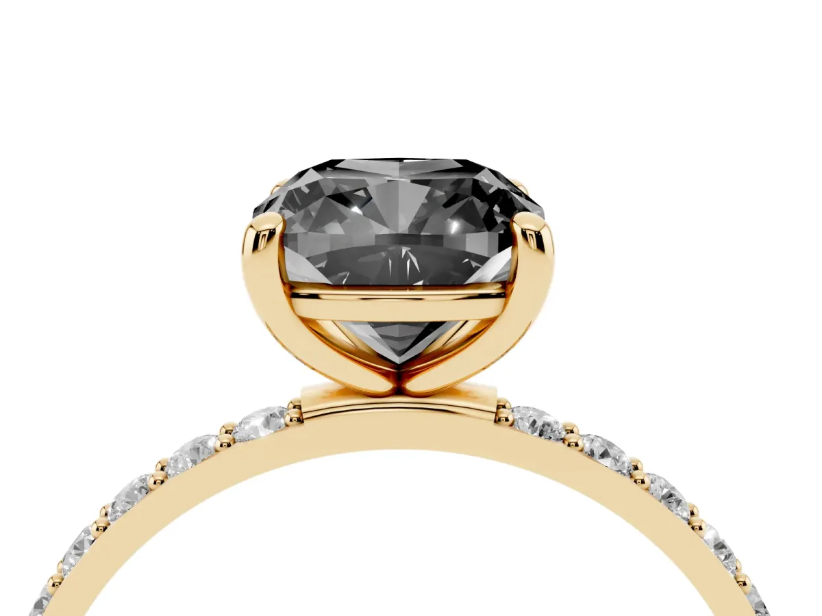 Fancy Black Cushion Cut Diamond Solitaire Ring with Round Pavé Band and Prong Setting Yellow gold