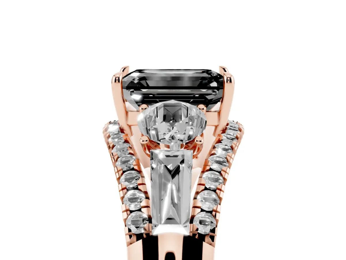 Fancy Black Three-Stone Emerald Cut Diamond Engagement Ring with Pave Band and Prong Setting Rose gold