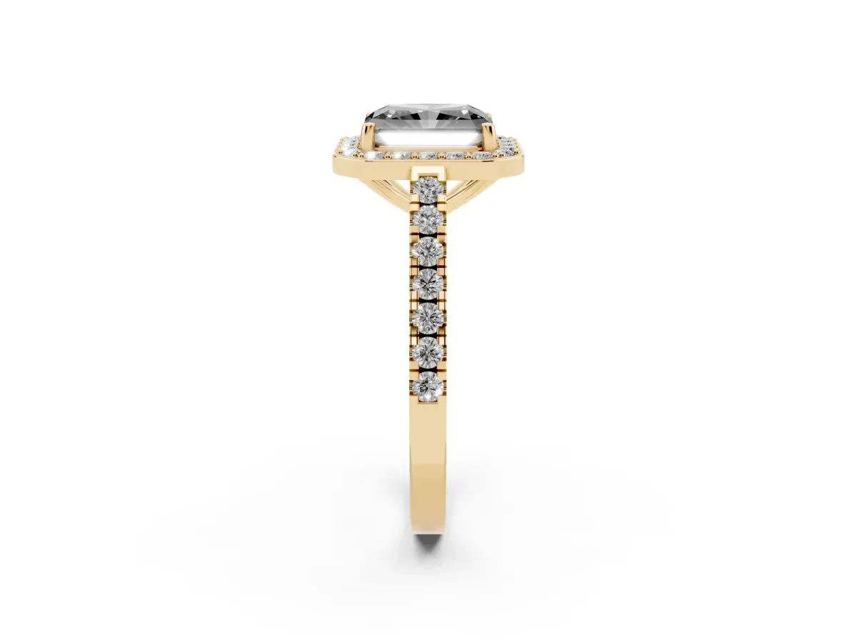 Fancy Black Radiant Cut Diamond Halo Ring with Round Pavé Split Shank and Prong Setting Yellow gold
