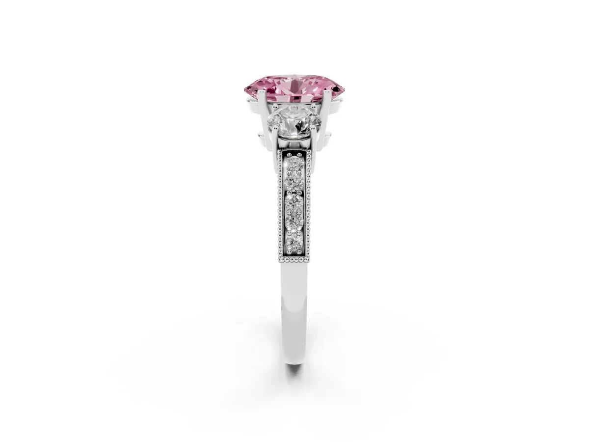 Fancy Pink Oval Cut Three-Stone Diamond Ring with Pavé Band and Four-Prong Setting Silver