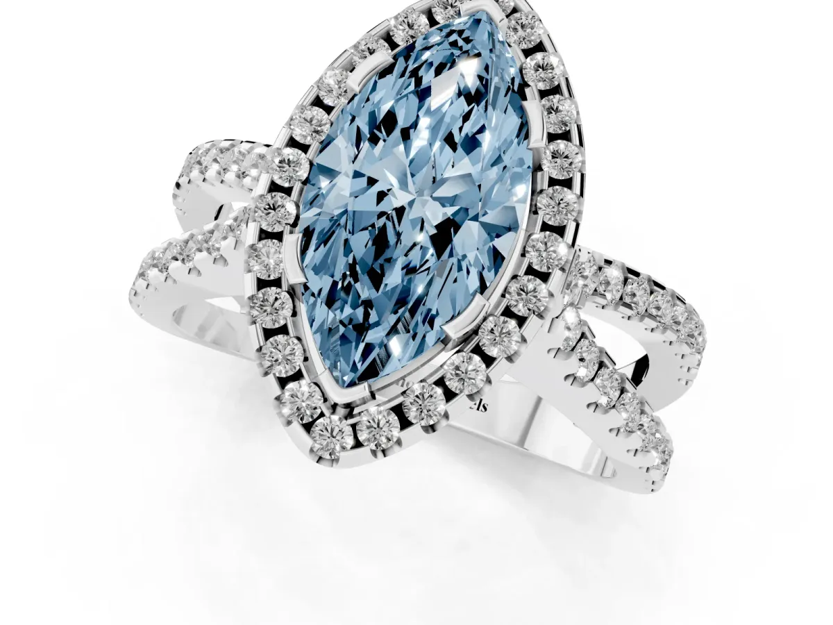 Fancy Blue Marquise Cut Diamond Halo Ring with Split Shank Pavé Band and Prong Setting Silver