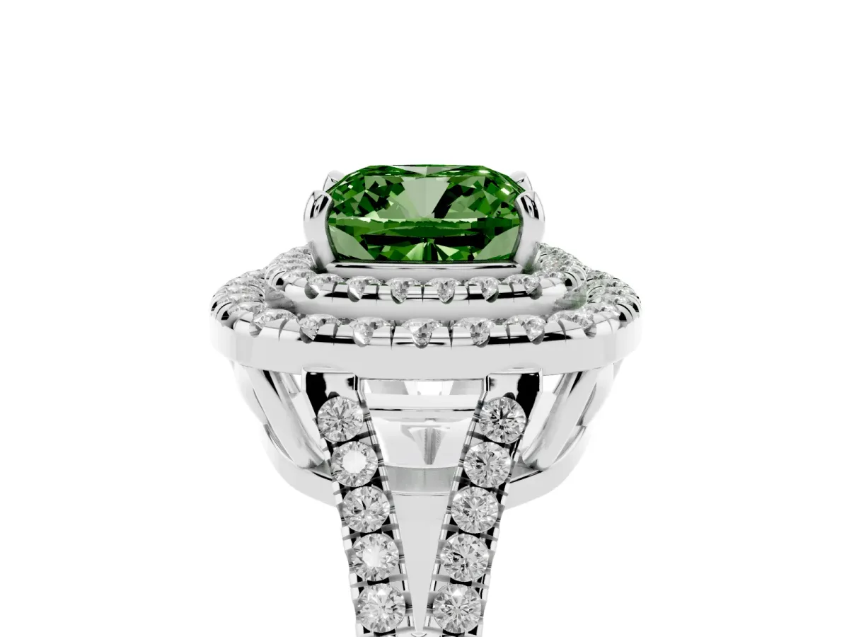 Fancy Green Cushion Cut Diamond Double Halo Ring with Pavé Band and Prong Setting Platinum