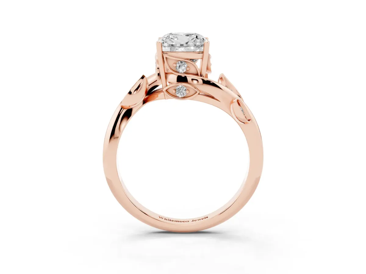 Cushion Cut Solitaire Twist Engagement Ring with Leaf Accents and Prong Setting Rose gold