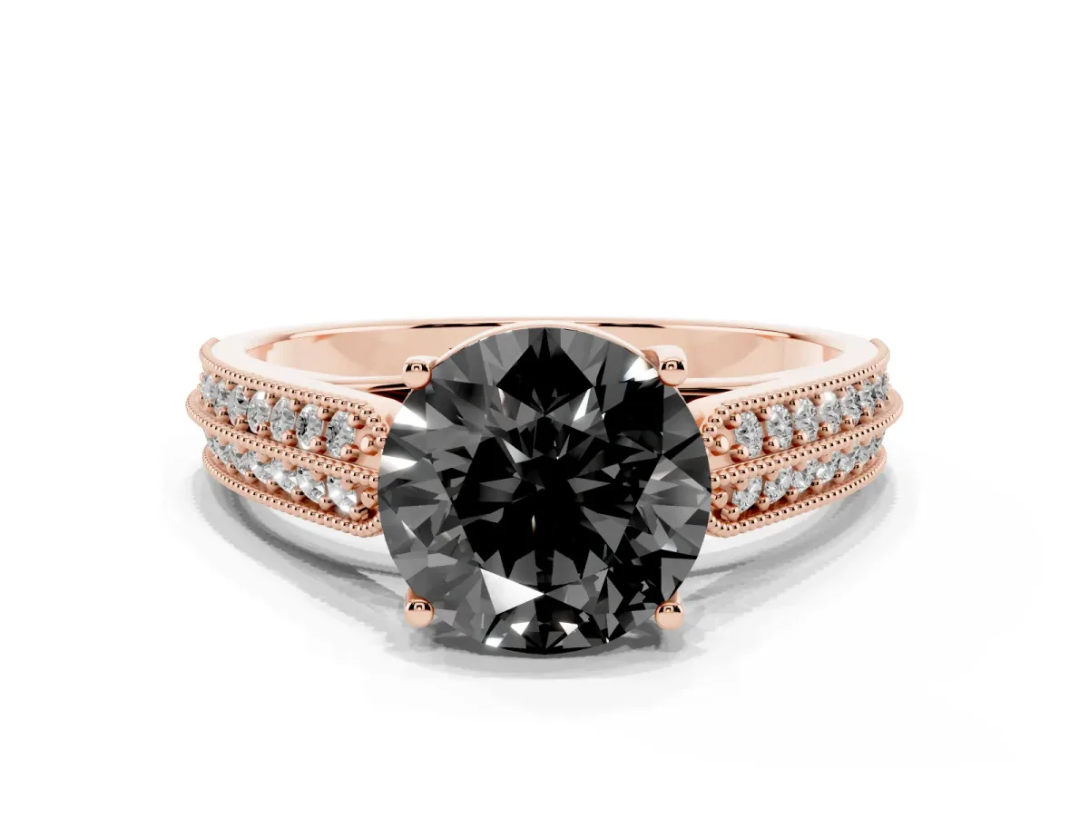 Fancy Black Round Cut Cut Pave Split Shank Engagement Ring with Four-Prong Setting Rose gold