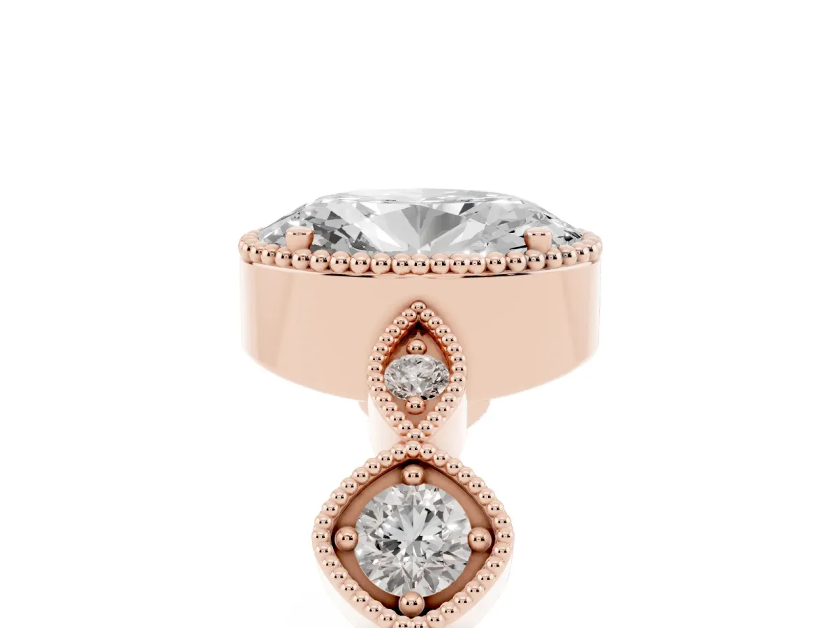 Oval Cut Diamond Vintage Milgrain Ring with Round Stations Rose gold