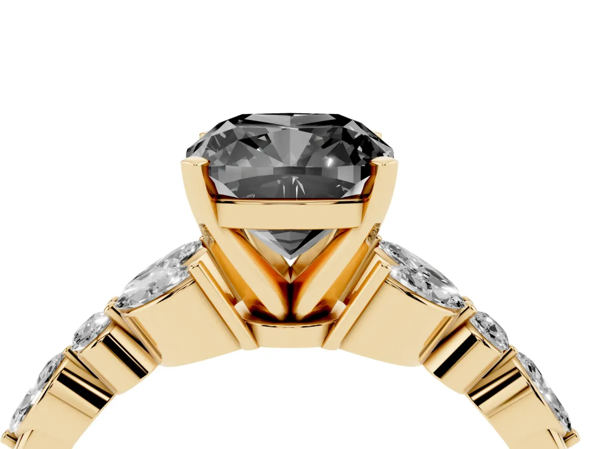 Fancy Black Cushion Cut Diamond Solitaire Ring with Side Stones and Four-Prong Setting Yellow gold