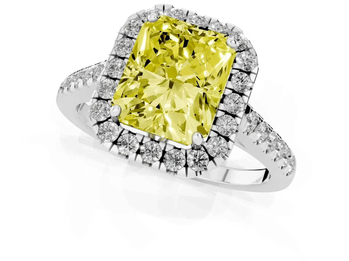 Fancy Yellow Radiant Cut Halo Pavé Diamond Engagement Ring with Four-Prong Setting Silver