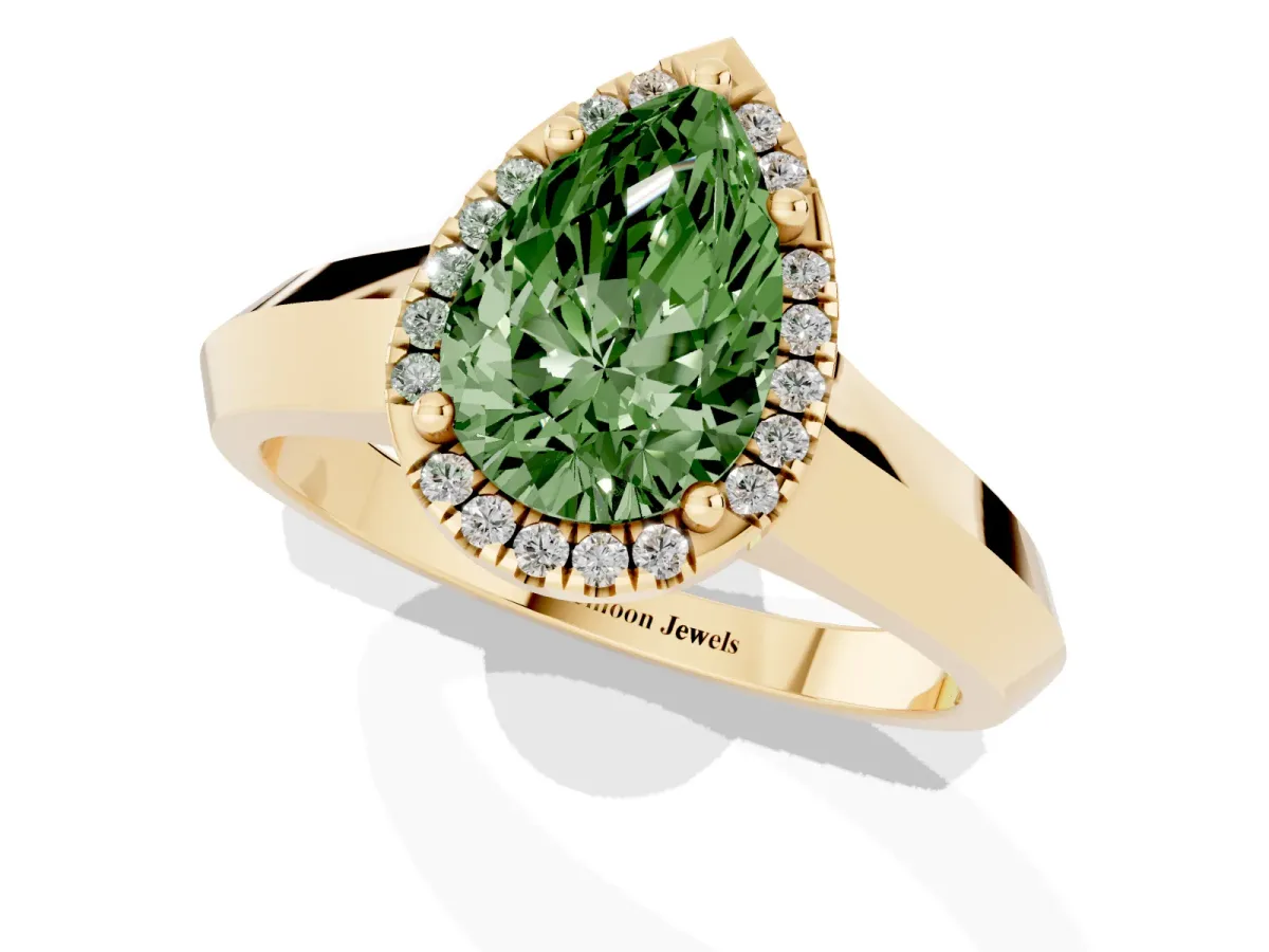 Fancy Green Pear Cut Halo Diamond Ring with Cathedral Band and Four-Prong Setting Yellow gold