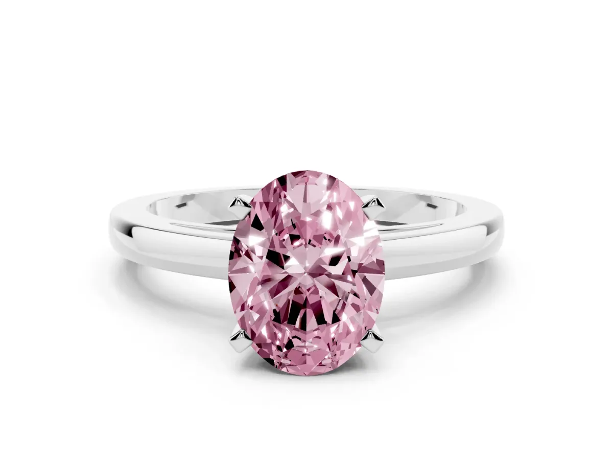 Fancy Pink Oval Cut Solitaire Diamond Engagement Ring with Four-Prong Setting on a Classic Band Platinum