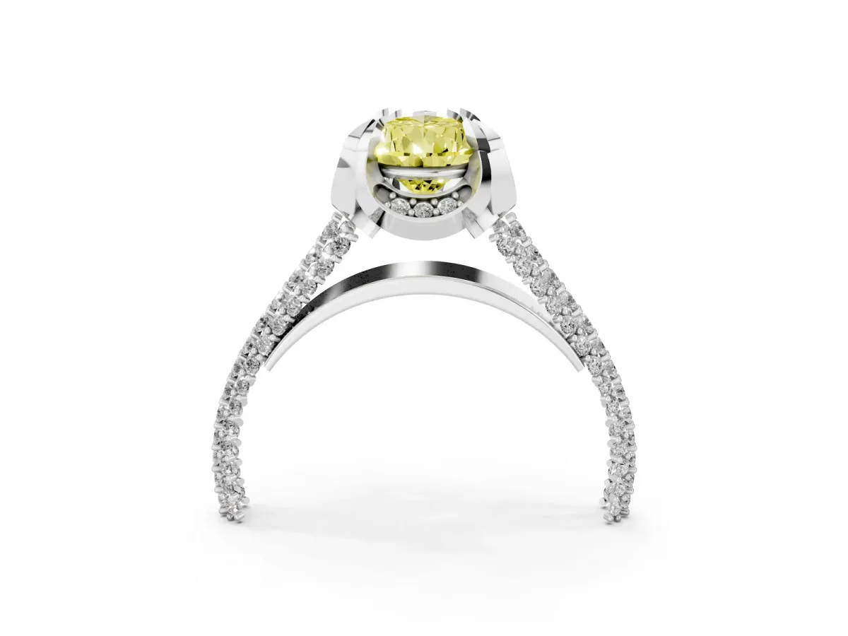 Fancy Yellow Pear Cut Solitaire Pave Split Shank Ring with Four-Prong Setting Silver