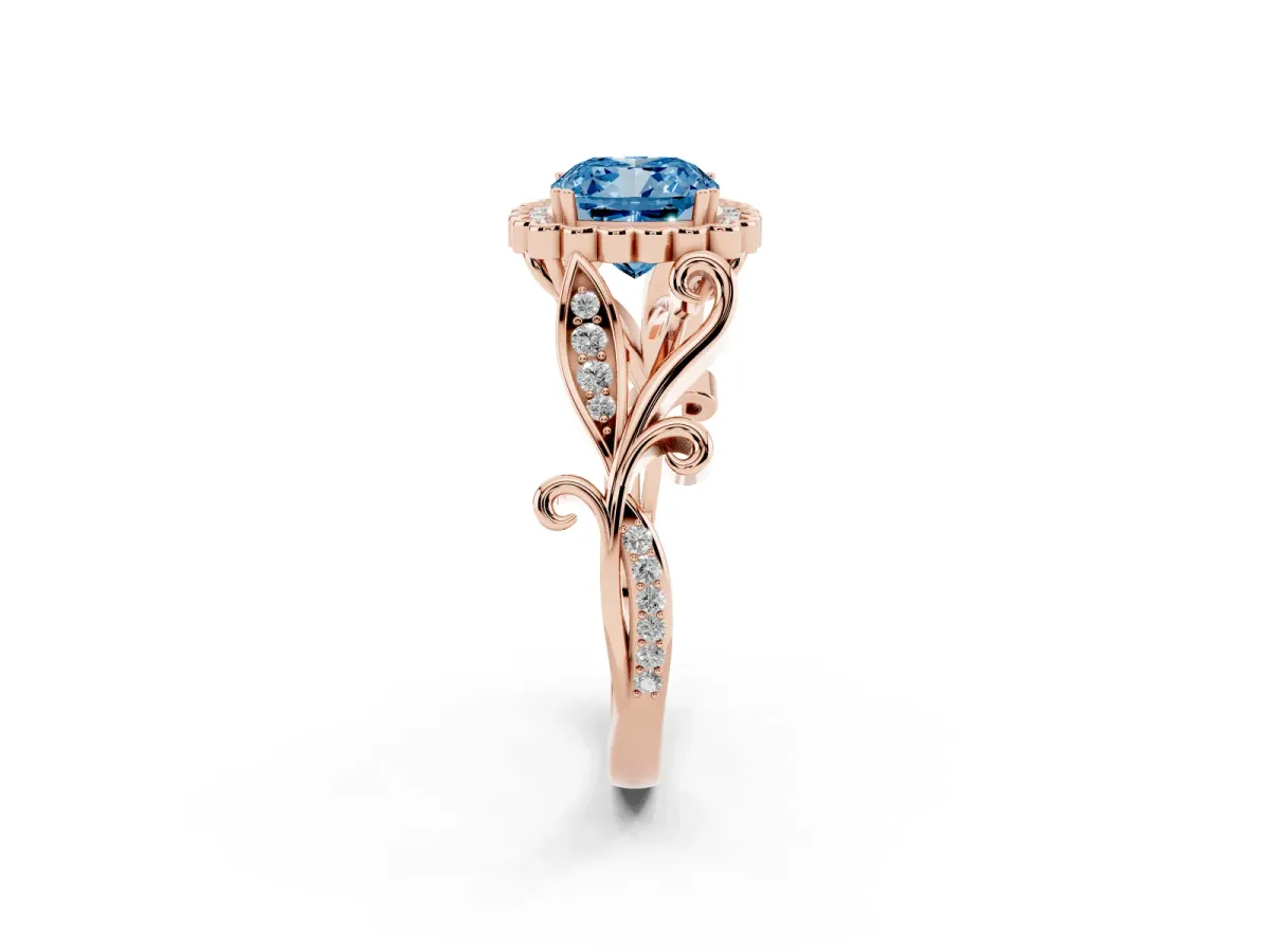 Fancy Blue Cushion Cut Diamond Halo Ring with Vintage Split Shank and Four-Prong Setting Rose gold