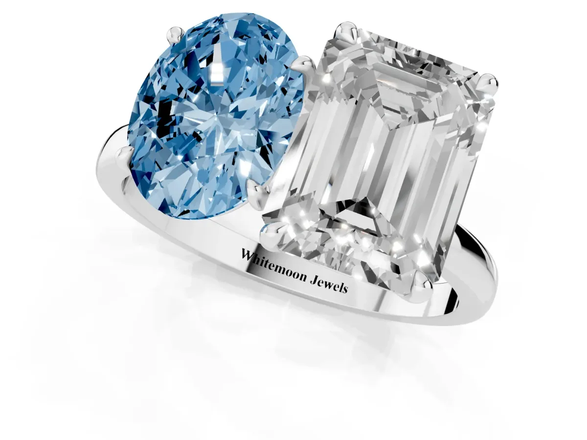 Fancy Blue Oval Cut and Emerald Cut Toi Moi Ring with Prong Setting Silver