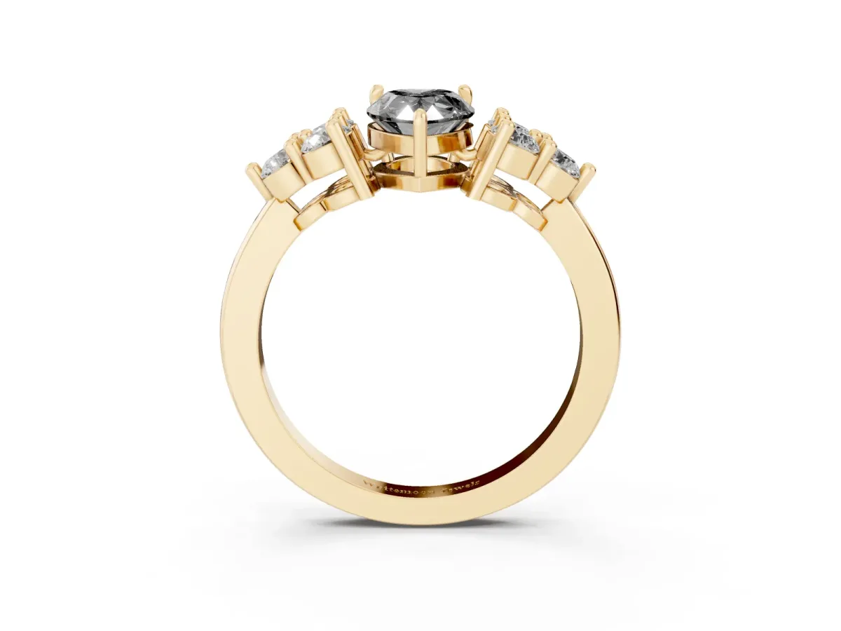 Fancy Black Pear Cut Brilliant Diamond Cluster Accent Solitaire Ring with Prong Setting Yellow gold
