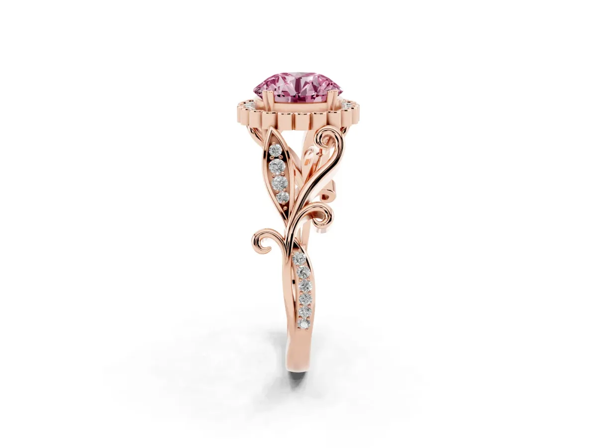 Fancy Pink Round Cut Diamond Halo Ring with Vintage Split Shank and Four-Prong Setting Rose gold