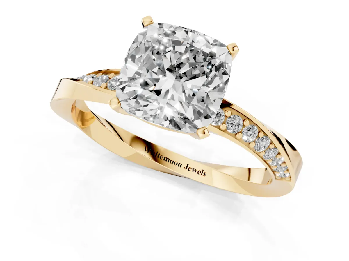 Cushion Cut Diamond Engagement Ring with Side Stone Accents and Four-Prong Setting Yellow gold