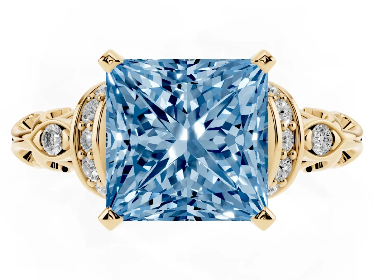 Fancy Blue Princess Cut Diamond Solitaire Ring with Filigree Band and Four-Prong Setting Yellow gold