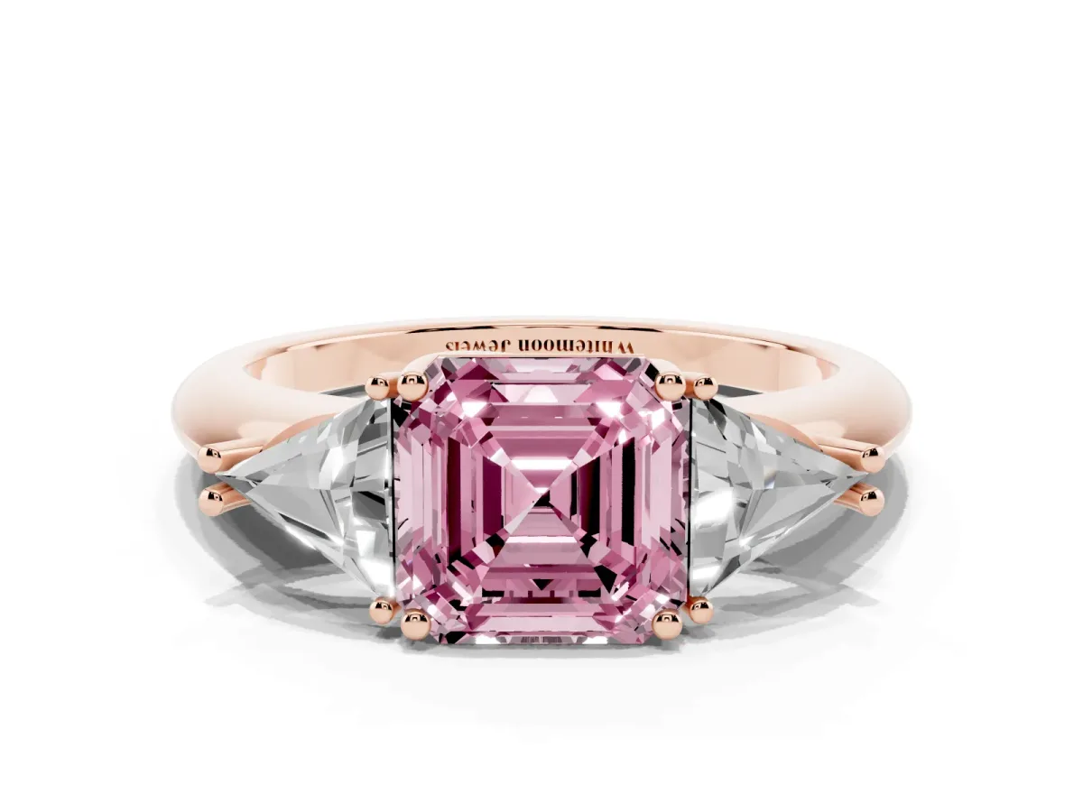 Fancy Pink Three-Stone Asscher Cut Diamond Engagement Ring with Trillion Side Stones and Prong Setting Rose gold