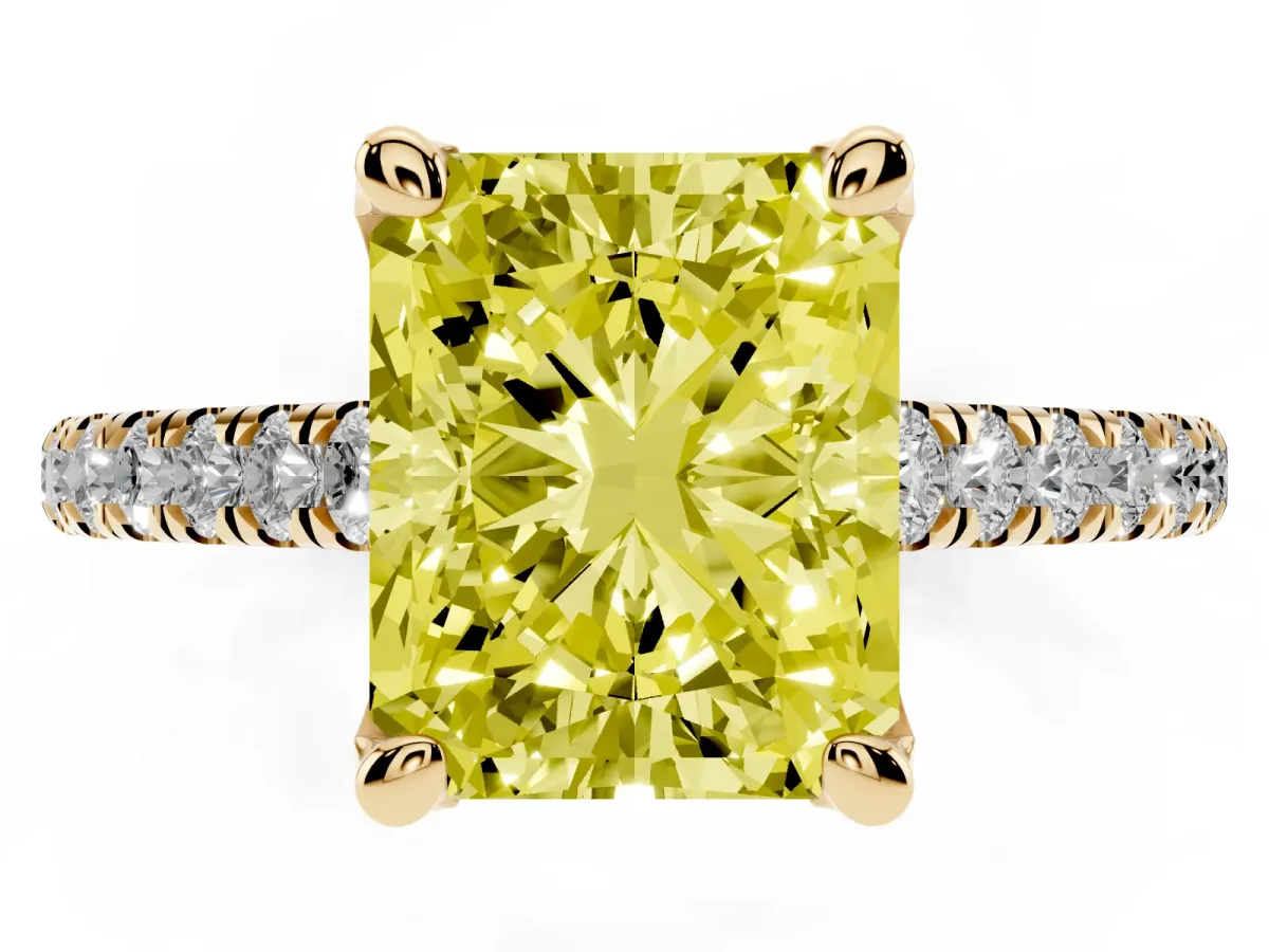 Fancy Yellow Radiant Cut Brilliant Diamond Solitaire with Pavé Band and Four-Prong Setting Yellow gold