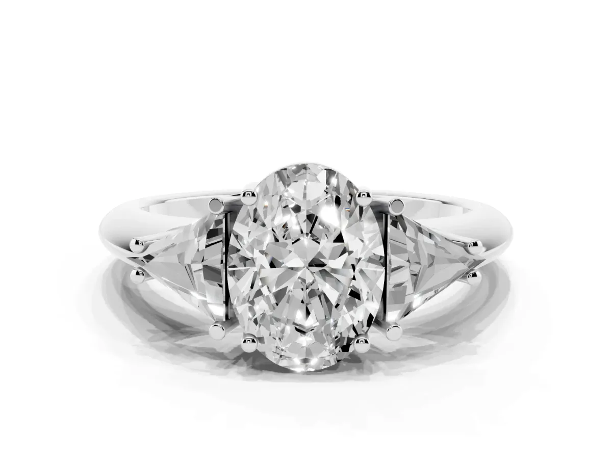 Three-Stone Oval Cut Diamond Engagement Ring with Trillion Side Stones and Prong Setting Silver