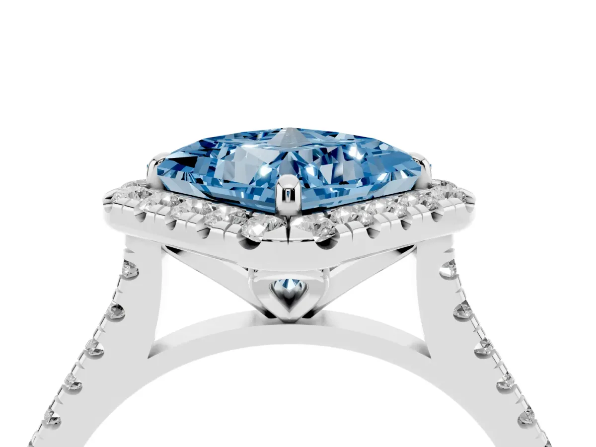 Fancy Blue Princess Cut Diamond Cushion Halo Ring with Pavé Band Silver