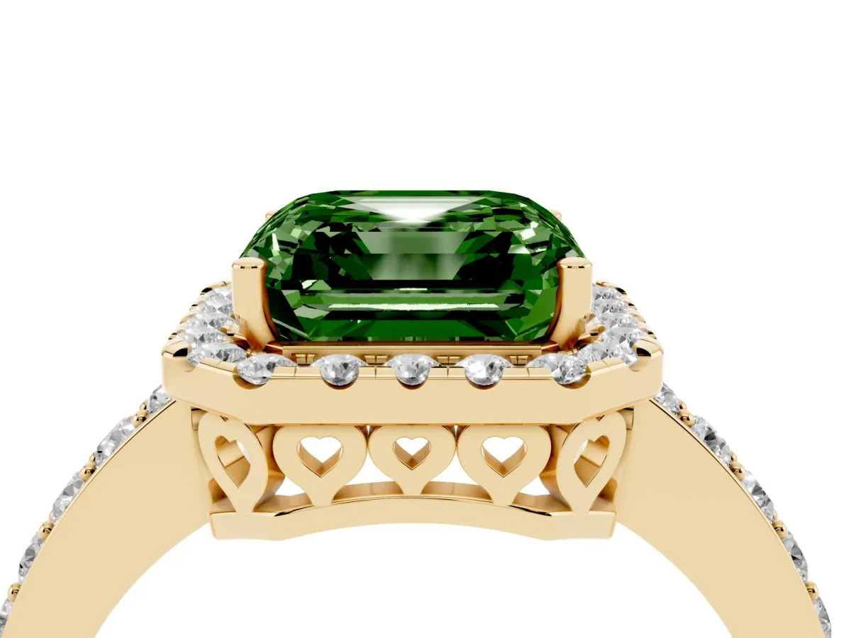 Fancy Green Asscher Cut Halo Diamond Pavé Band Ring with Prong Setting Yellow gold