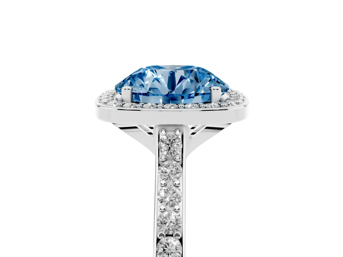 Fancy Blue Round Cut Diamond Halo Engagement Ring with Round Pavé Shoulders and Prong Setting Platinum