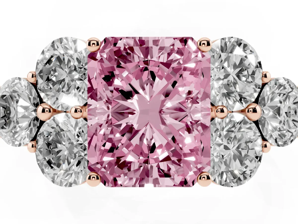 Fancy Pink Radiant Cut Cut Diamond Cluster Ring with Round Accent Stones and Prong Setting on a Classic Band Rose gold