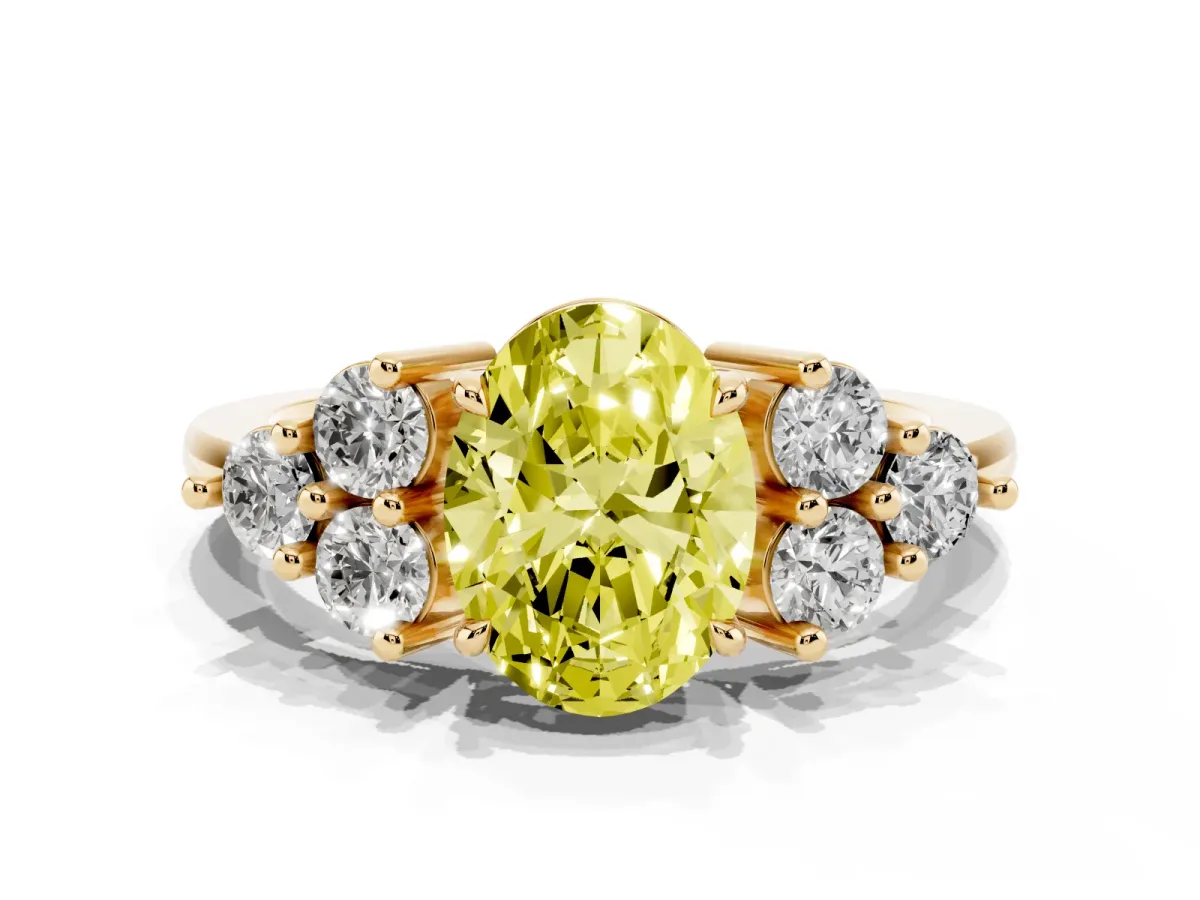 Fancy Yellow Oval Cut Brilliant Diamond Cluster Accent Solitaire Ring with Prong Setting Yellow gold