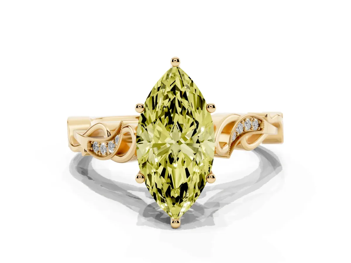Fancy Yellow Marquise Cut Solitaire Vine Band with Milgrain Prong Setting Yellow gold