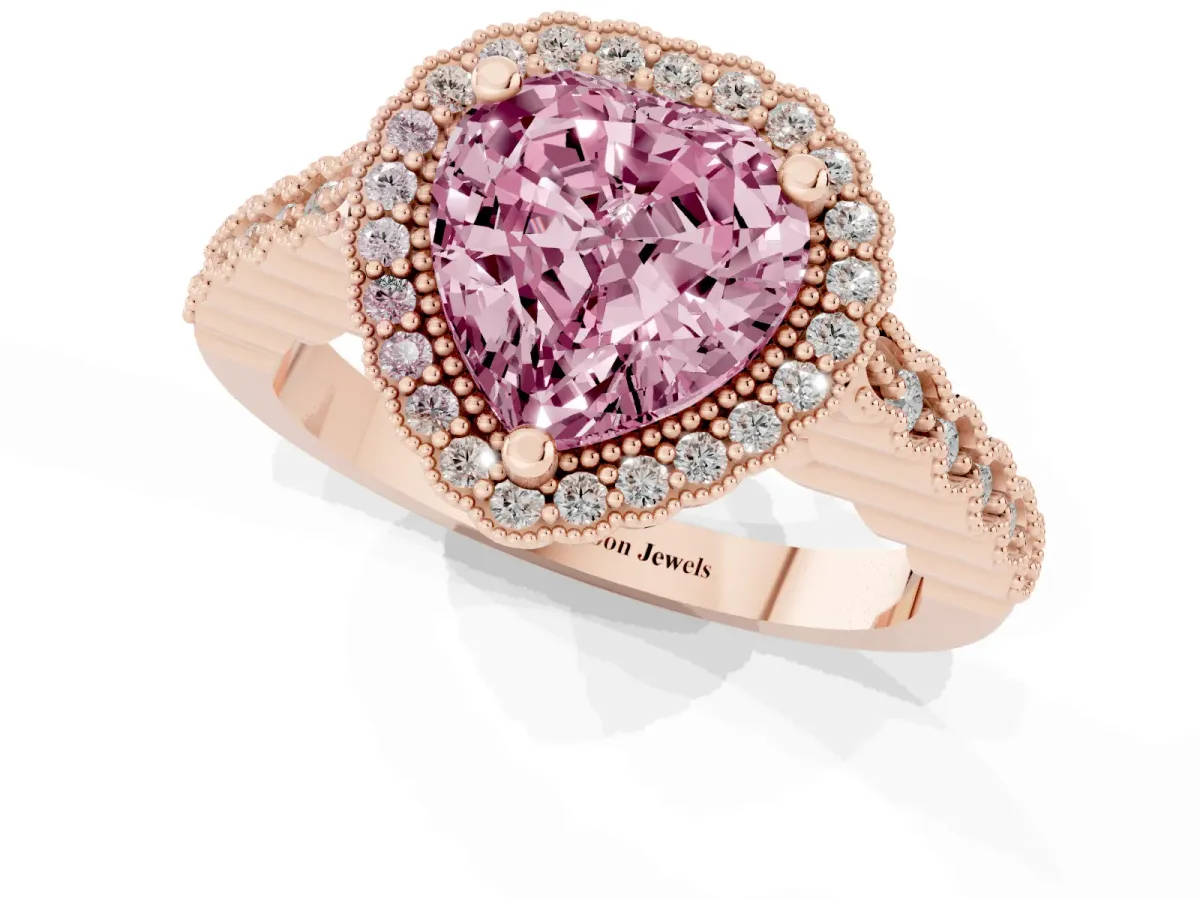 Fancy Pink Heart Cut Cut Halo Pavé Solitaire Ring with Milgrain Band Rose gold