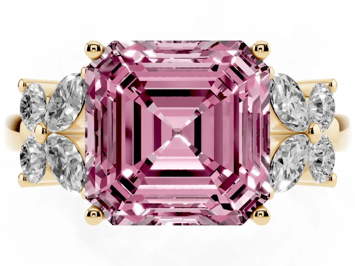 Fancy Pink Asscher Cut Diamond Floral Cluster Ring with Solitaire Band and Prong Setting Yellow gold