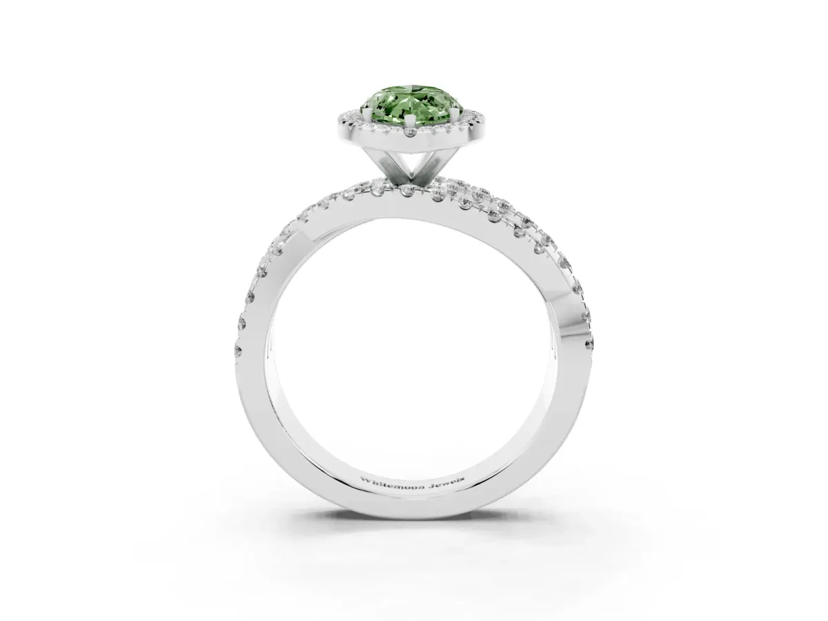 Fancy Green Marquise Cut Diamond Halo Ring with Round Split Shank and Prong Setting Silver