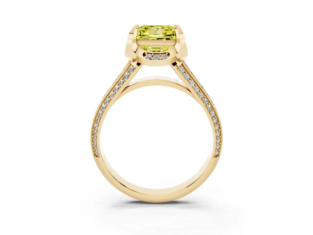 Fancy Yellow Princess Cut Solitaire Pave Split Shank Ring with Four-Prong Setting Yellow gold